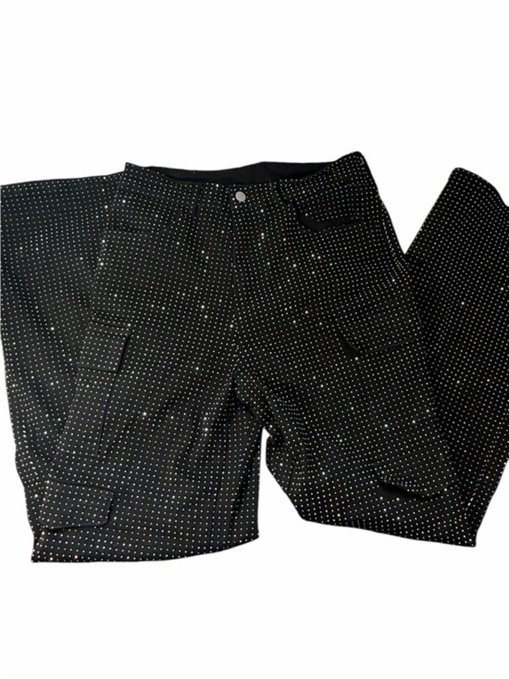 Rhinestone Cargo Pants Black Sparkly Wide Leg Y2K Glam Stretch Size 12